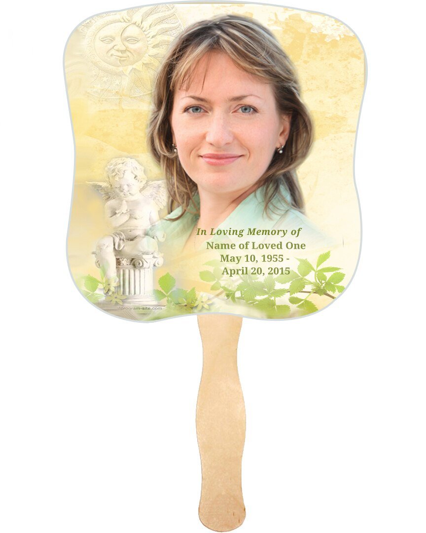 Cherub Cardstock Memorial Church Fans With Wooden Handle front photo