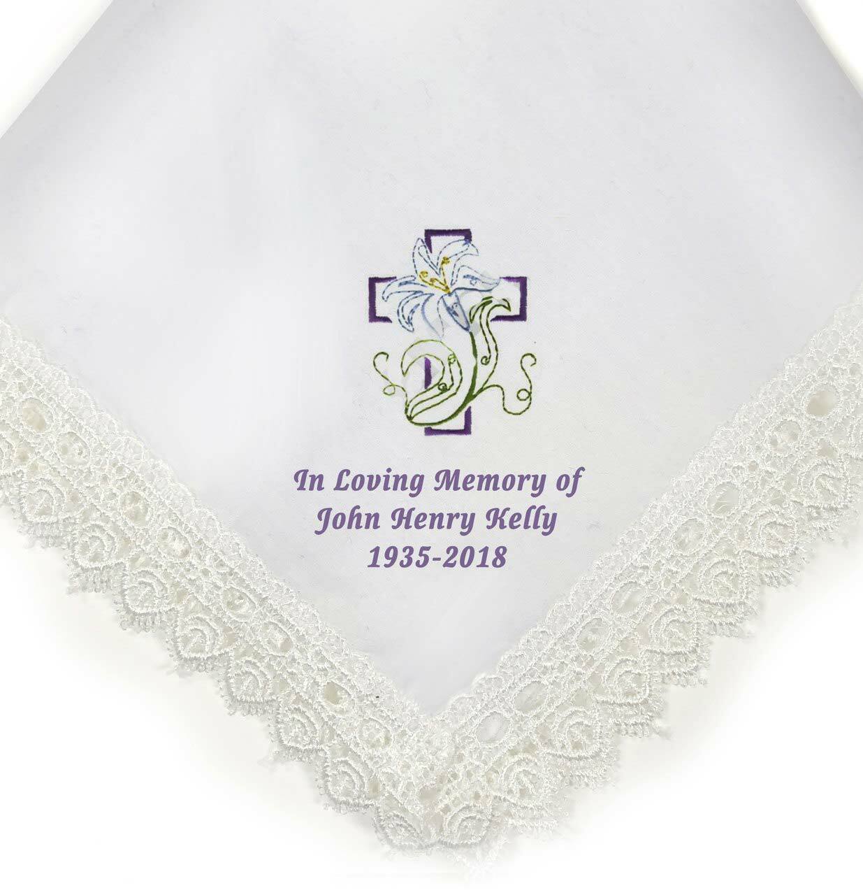 Cross Lily Lace Trim Embroidered Personalized Handkerchief - Celebrate Prints