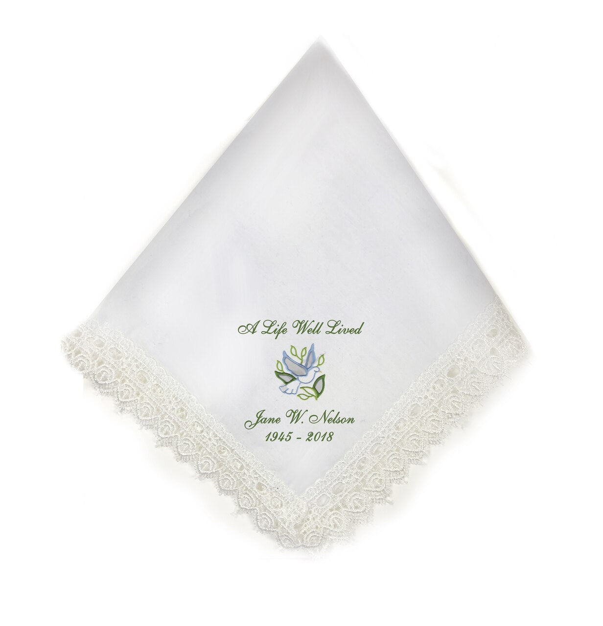 Dove Lace Trimmed Embroidery Memorial Handkerchief - Celebrate Prints