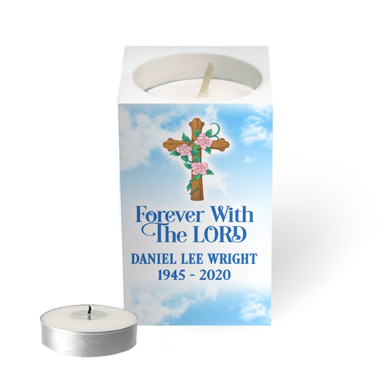 Faith Cross Personalized Mini Memorial Tea Light Candle Holder - Celebrate Prints