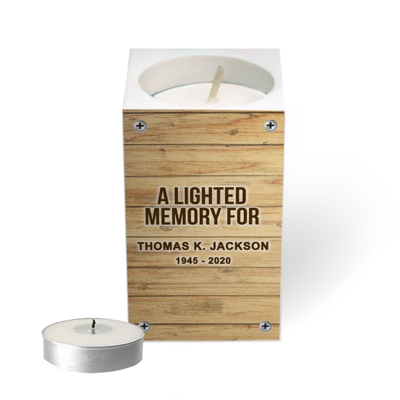 Faux Wood Personalized Mini Memorial Tea Light Holder - Celebrate Prints