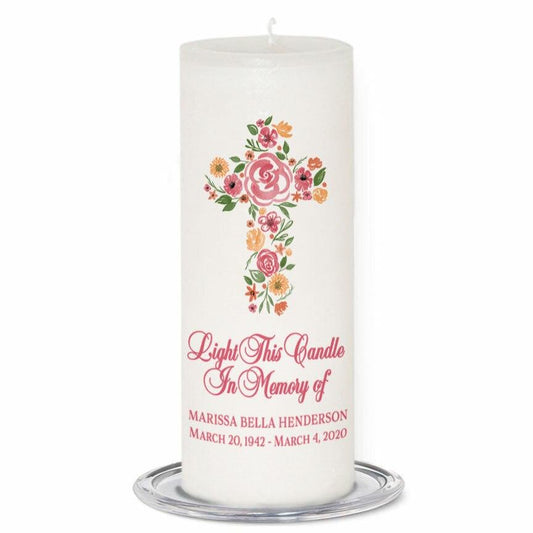 Flowers Cross Personalized Wax Pillar Memorial Candle - Celebrate Prints