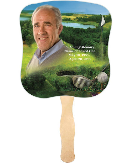 Golfer Memorial Fan With Wooden Handle (Pack Of 10) - Celebrate Prints