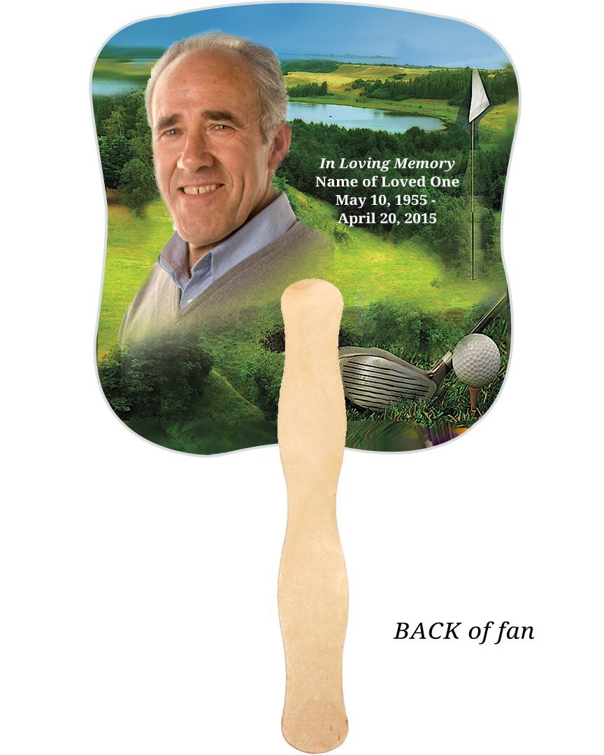 Golfer Memorial Fan With Wooden Handle (Pack Of 10) - Celebrate Prints