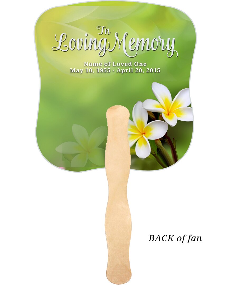 Plumeria Cardstock Memorial Church Fans With Wooden Handle back