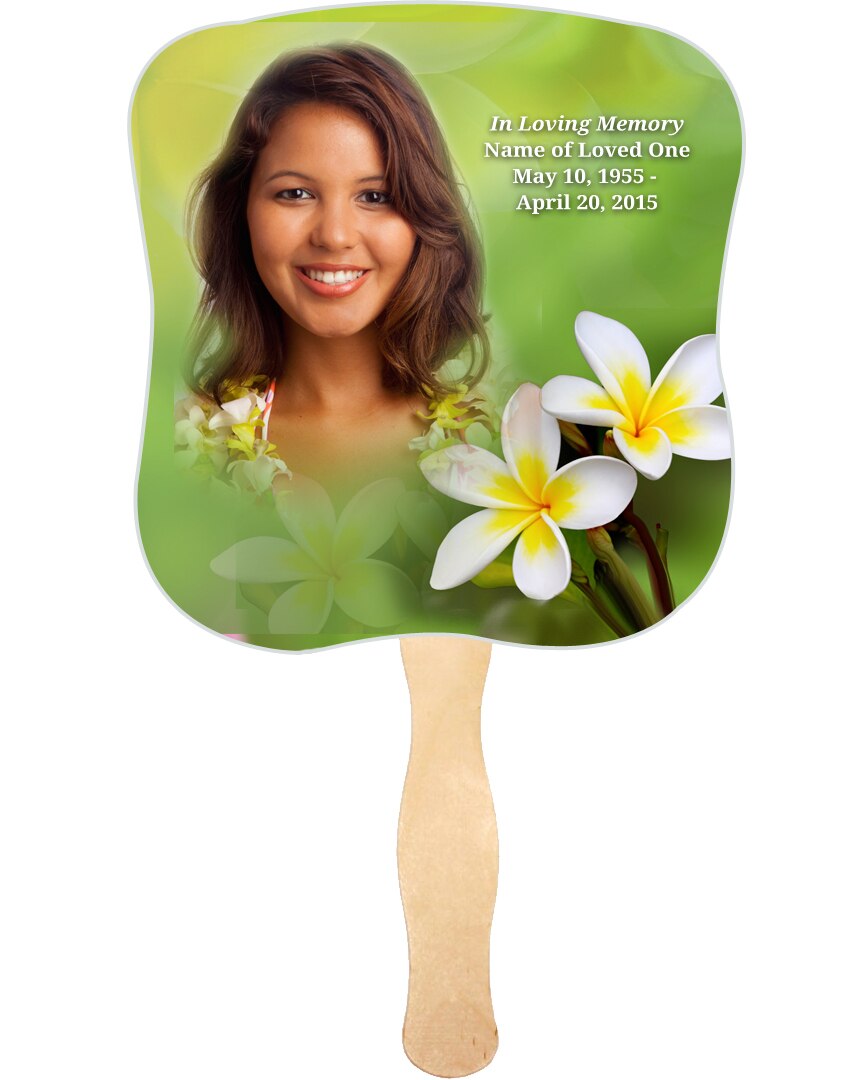 Plumeria Cardstock Memorial Church Fans With Wooden Handle front