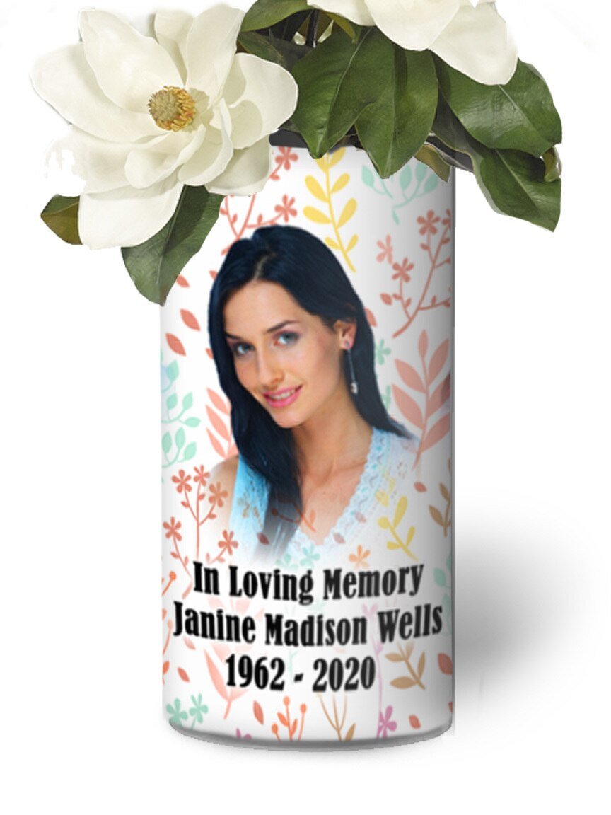 In Loving Memory Memorial Photo Flower Vase - Pastel Leaves - Celebrate Prints