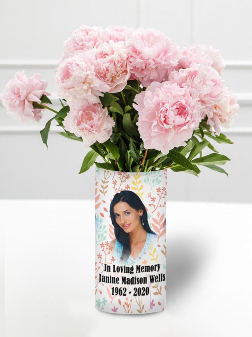 In Loving Memory Memorial Photo Flower Vase - Pastel Leaves - Celebrate Prints