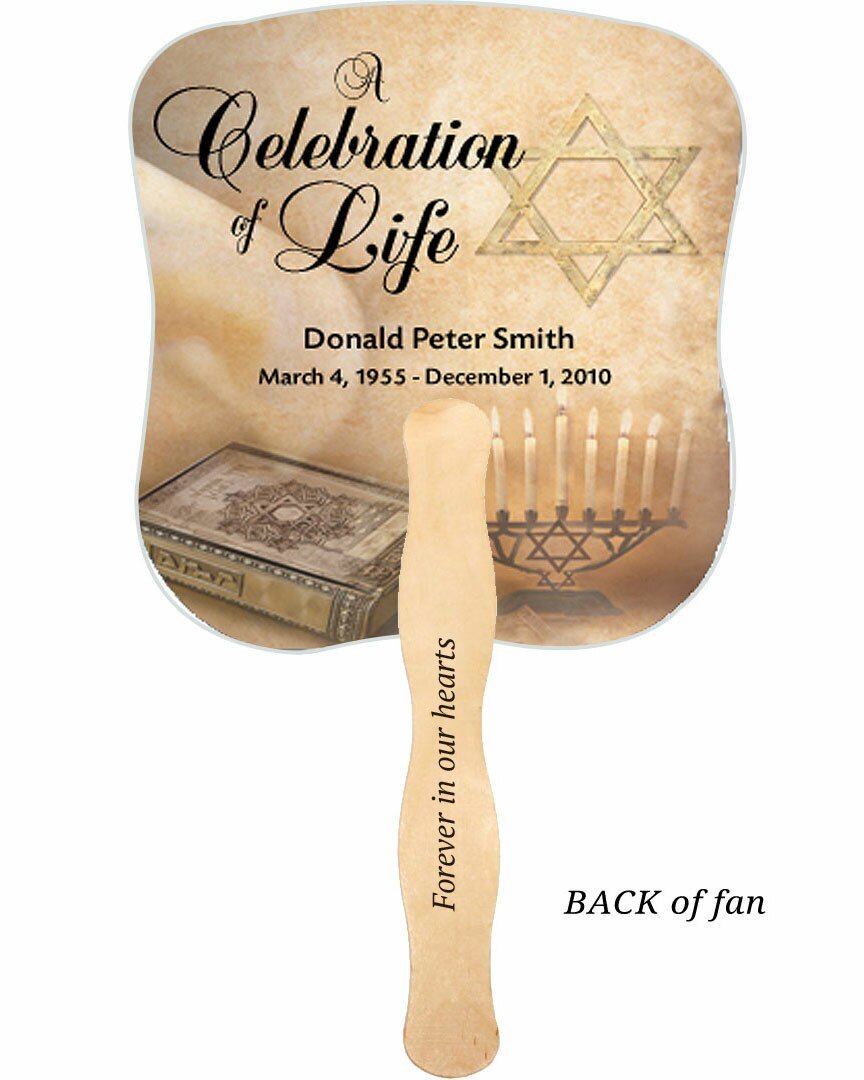 Jewish Memorial Fan With Wooden Handle (Pack Of 10) - Celebrate Prints