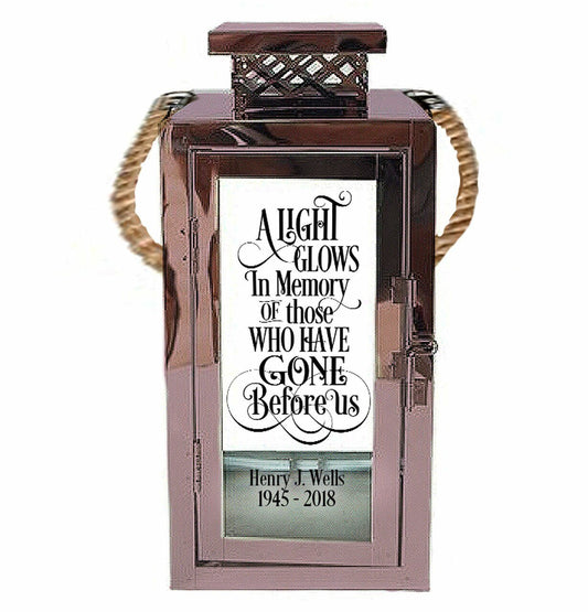 Light Glows Personalized Memorial Rose Gold Memorial Lantern With Rope Handle - Celebrate Prints