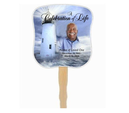 Lighthouse Memorial Fan With Wooden Handle (Pack Of 10) - Celebrate Prints