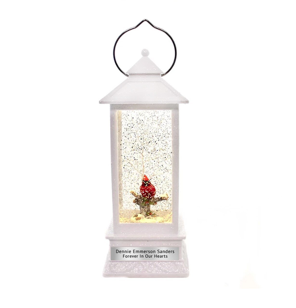 Personalized Memorial Lantern Cardinal with LED Lit Confetti Snow Dome - Celebrate Prints