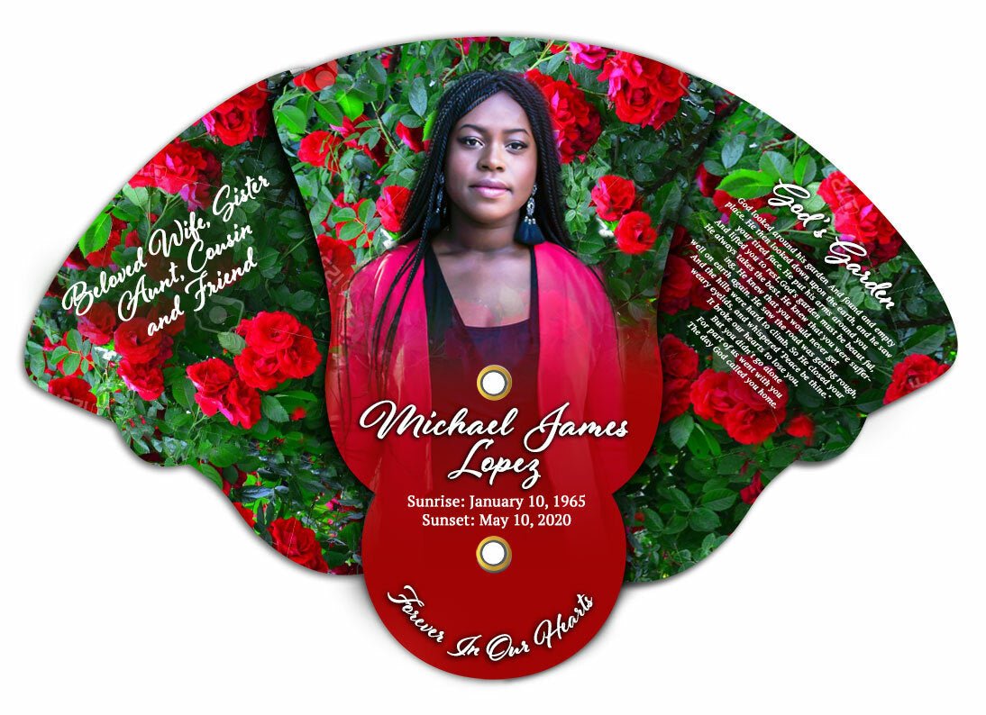 Red Roses Memorial Folding Hand Held Fan (Pack of 10) - Celebrate Prints