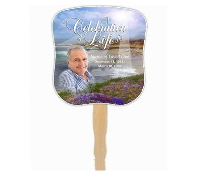 Seascape Memorial Fan With Wooden Handle (Pack Of 10) - Celebrate Prints