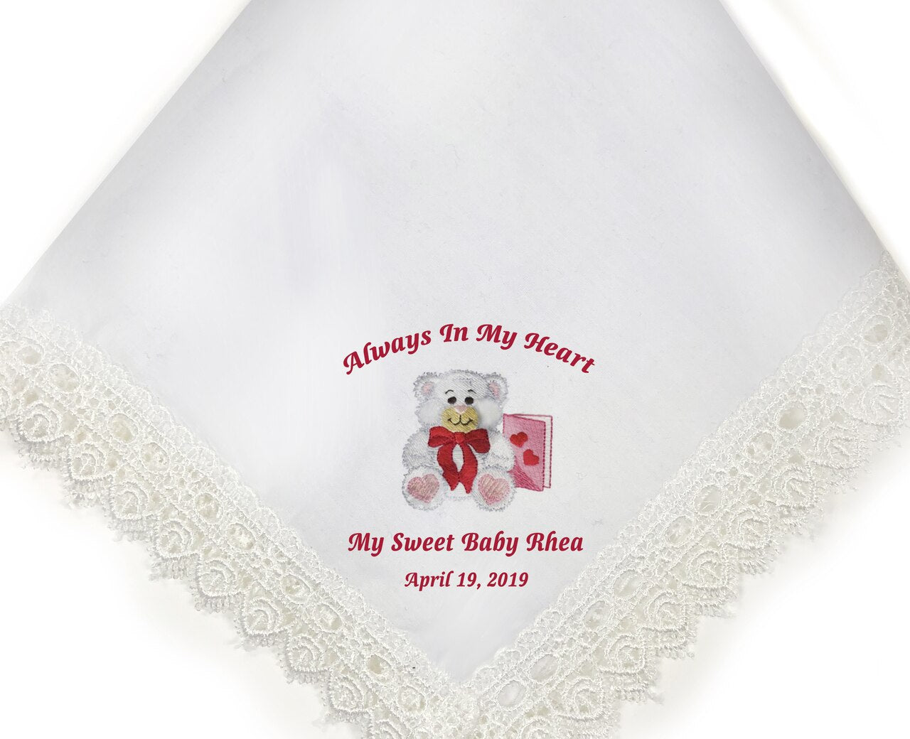 Teddy Lace Trim Embroidered Memorial Handkerchief - Celebrate Prints