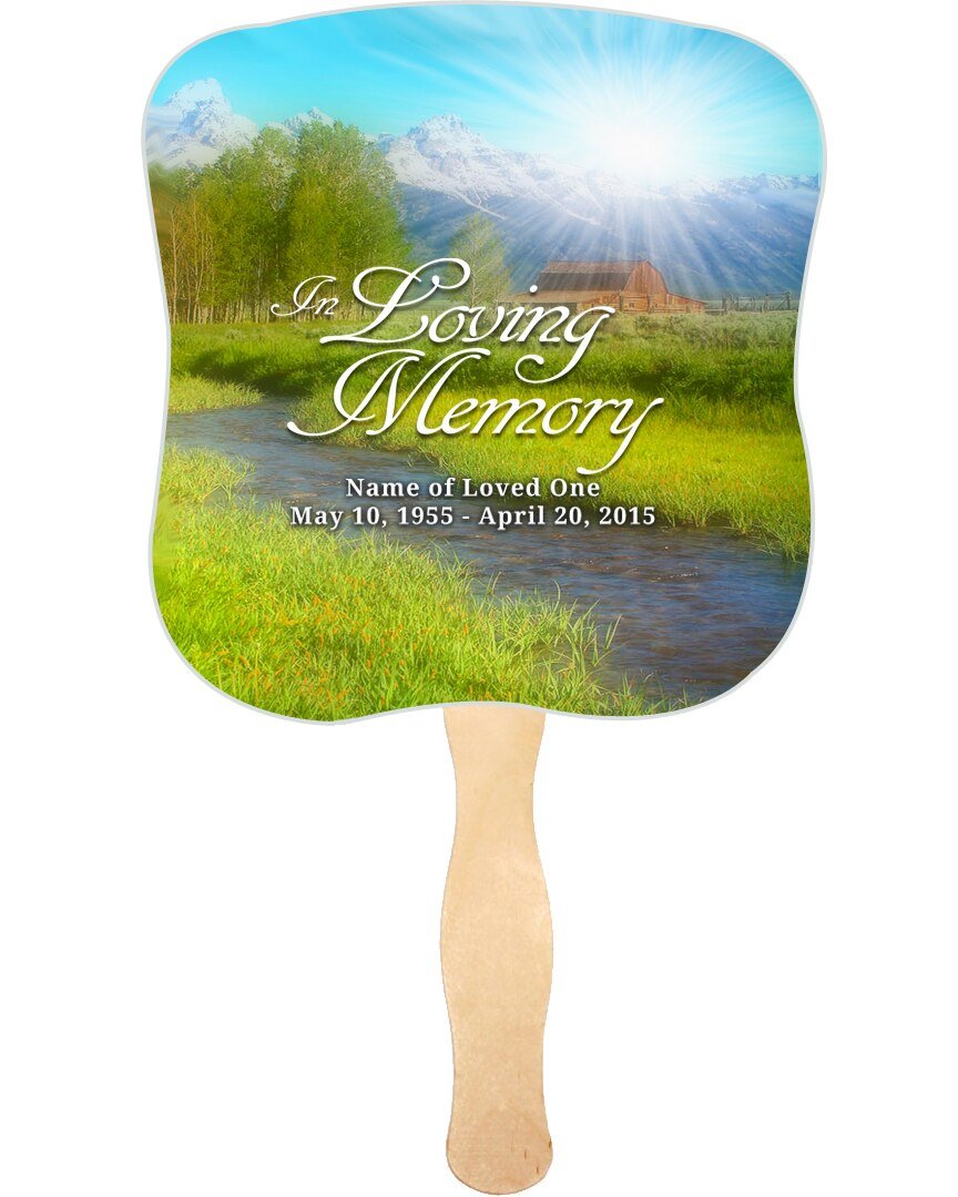 Tranquil Memorial Fan With Wooden Handle (Pack Of 10) - Celebrate Prints