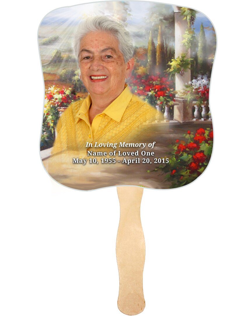 Tuscany Memorial Fan With Wooden Handle (Pack Of 10) - Celebrate Prints