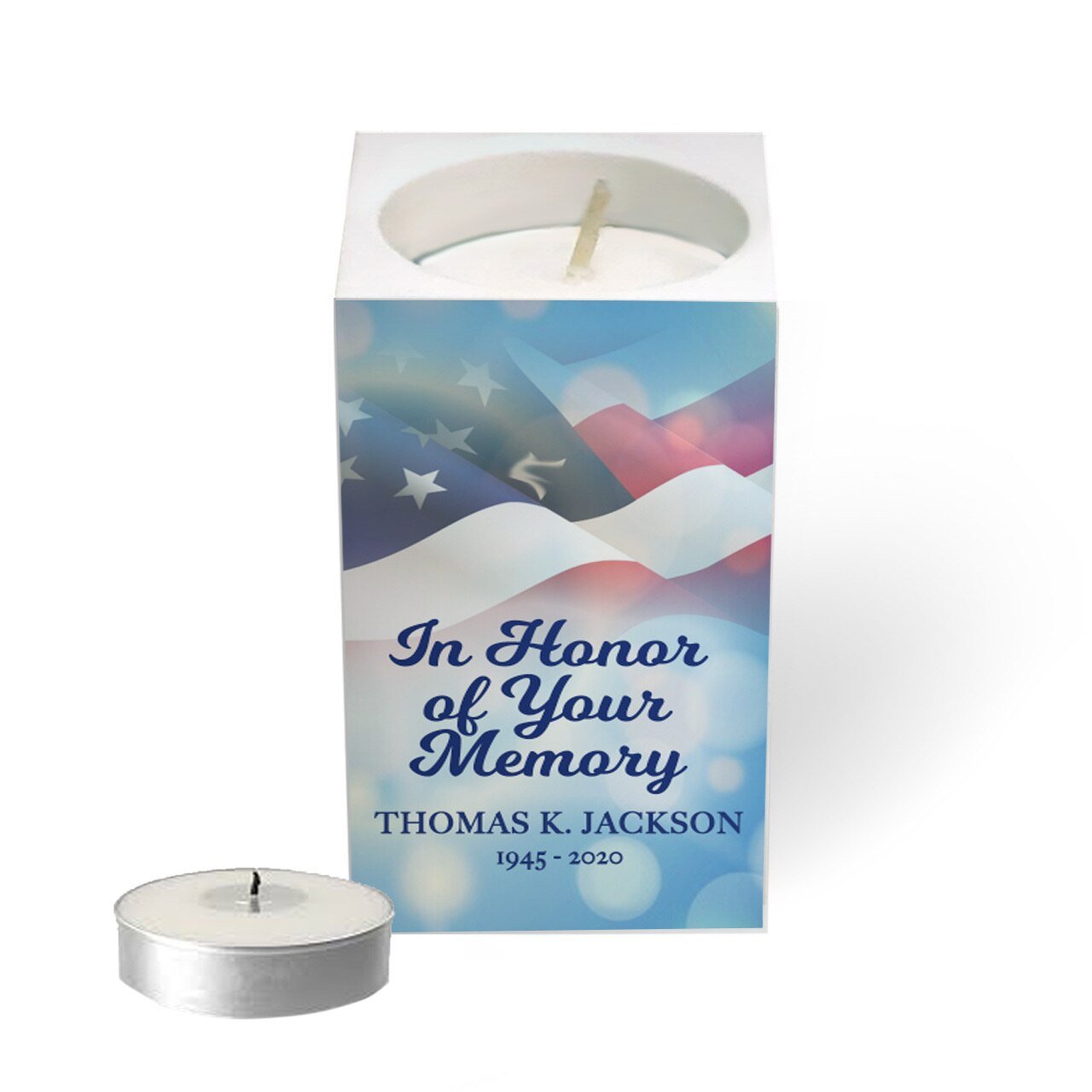 US Flag Personalized Mini Tea Light Memorial Candle & Holder - Celebrate Prints