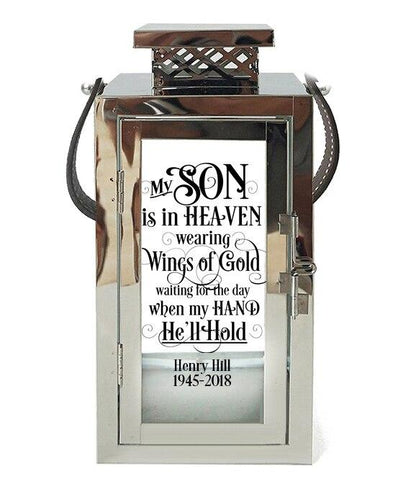 Wings of Gold Memorial Silver Lantern With Leather Handle - Celebrate Prints